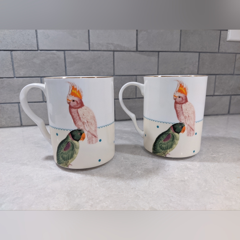 Anthropology Yvonne Ellen London Bird Parrot Cockatiel Gold Rimmed Porcelain Mug
